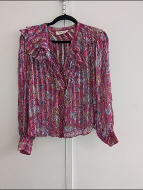 Ruffled Paisley Button-Front Blouse in Pink